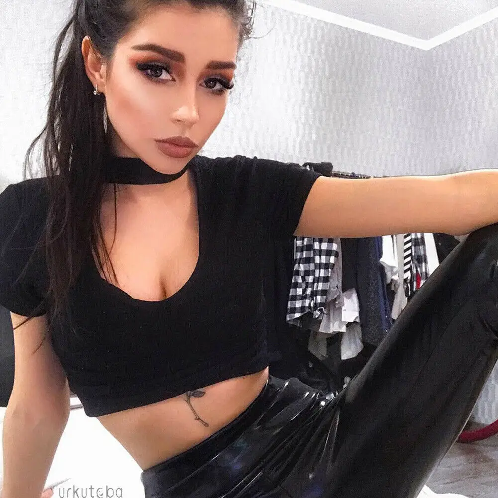 

Women Sexy Casual Fashion New Short Sleeve Crop Tops Tees T-shirts Choker Black Slimmer Unique Fitting Summer Tops Short T-Shirt