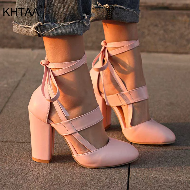 

KHTAA Women's Cross Strap Chunky Heel Autumn Pumps Female Cover Heel Solid Sexy Party Shoes Ladies Fashion Footwear Plus Size