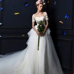 Высокое Качество Недорогое элегантное ТРАПЕЦИЕВИДНОЕ Милое Свадебное платье из кружева и тюля со съемным шлейфом