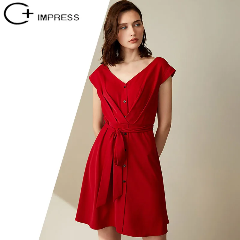 C + IMPRESS красное платье высокого качества летние простые офисные женские платья пояса повседневные с v-образным вырезом тонкий с коротким