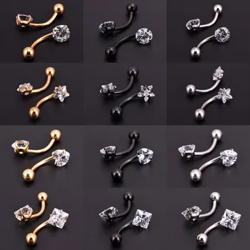 

10pcs Lot Gold Silver Black Body Piercing Round Star Heart Square Zircon Cubic Bar Barbell Ball Navel Belly Button Rings Jewelry