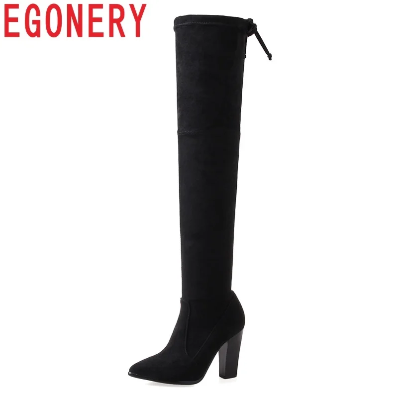 

EGONERY women shoes newest hot sale flock super high spike heels pointed toe high quality fashion sexy zip over-the-knee boots