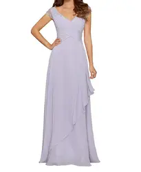 Элегантный v-образный вырез вышитый бисером короткий рукав мать невесты платье шифон длиной до пола платья на заказ