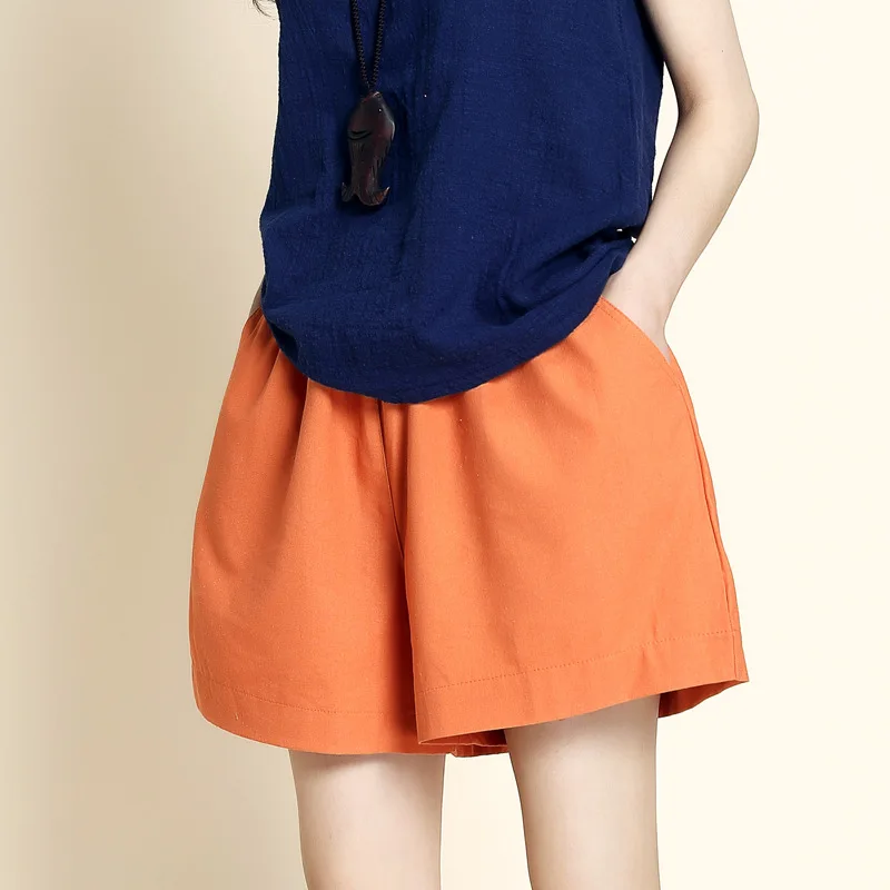 Хлопковые льняные шорты корейские женские Шорты повседневные эластичные шорты с высокой талией однотонные свободные брюки размера плюс широкие брюки S-3XL - Цвет: Оранжевый