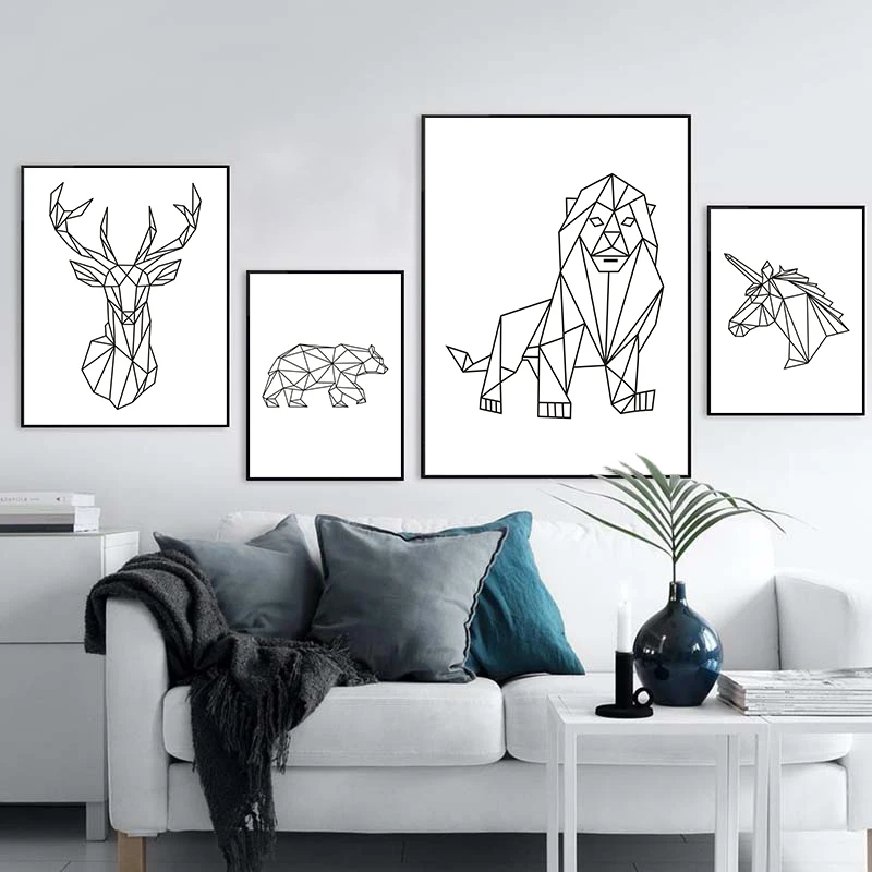 4 - Geometric Animal Canvas Painting Wall Art Picture for Living Room Decorative Posters Modern Minimalist Black and White Pictures