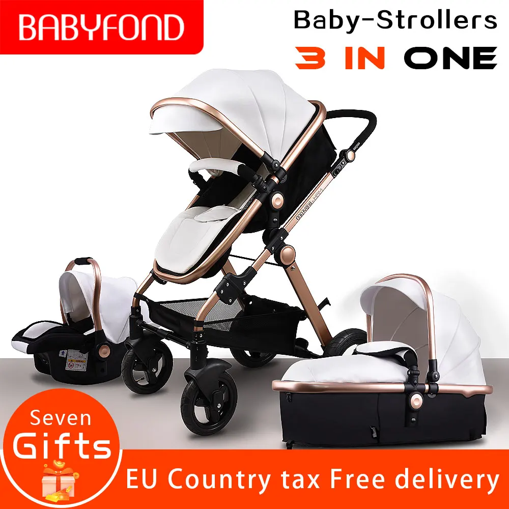 Pu leather aluminum alloy frame babe Babyfond high landscape fold baby stroller 3 in 1 four wheel cart EU standard baby stroller