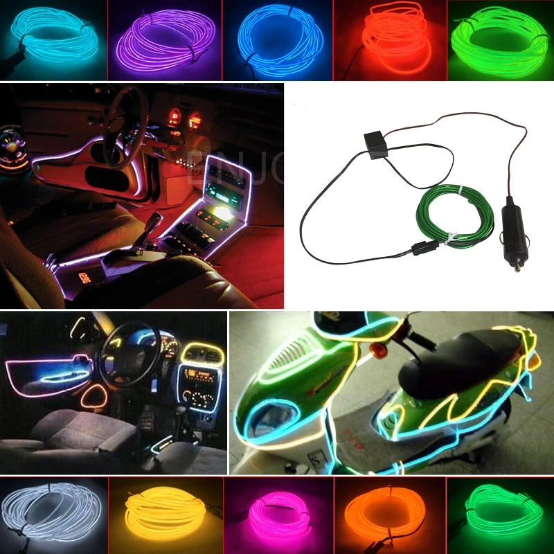 NEW 10 Color selected 3M 5M Colorful Flexible EL Wire LED Tube Rope Neon Light Glow  EL Wire Rope Tube Battery Car Dance Party