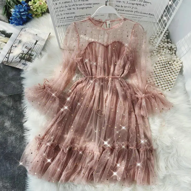 

2019 Women Summer Flare Sleeve Star Sequined Mesh Gauze Bandage Strap Dress Elegant Elastic Slim Bling Tulle Voile Pleated Dress