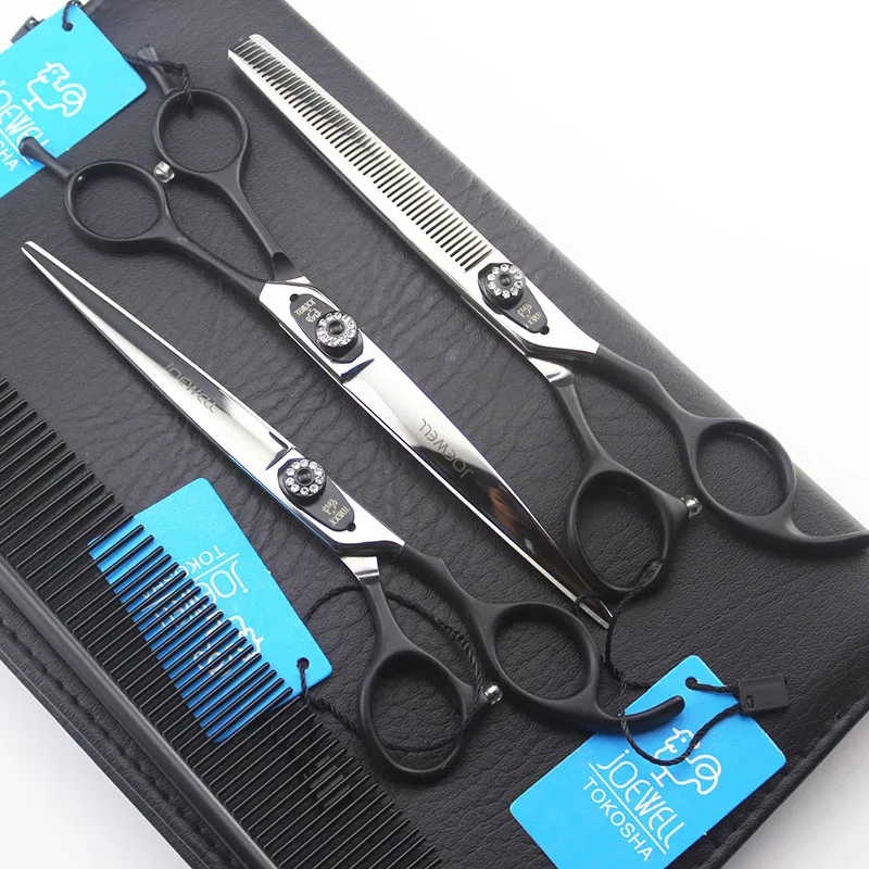 

7inch Pet Grooming Scissors Set Jowel Black Handle Professional Dog Shears Hair Cutting +Curved+ Thinning Scissor With Comb Bag