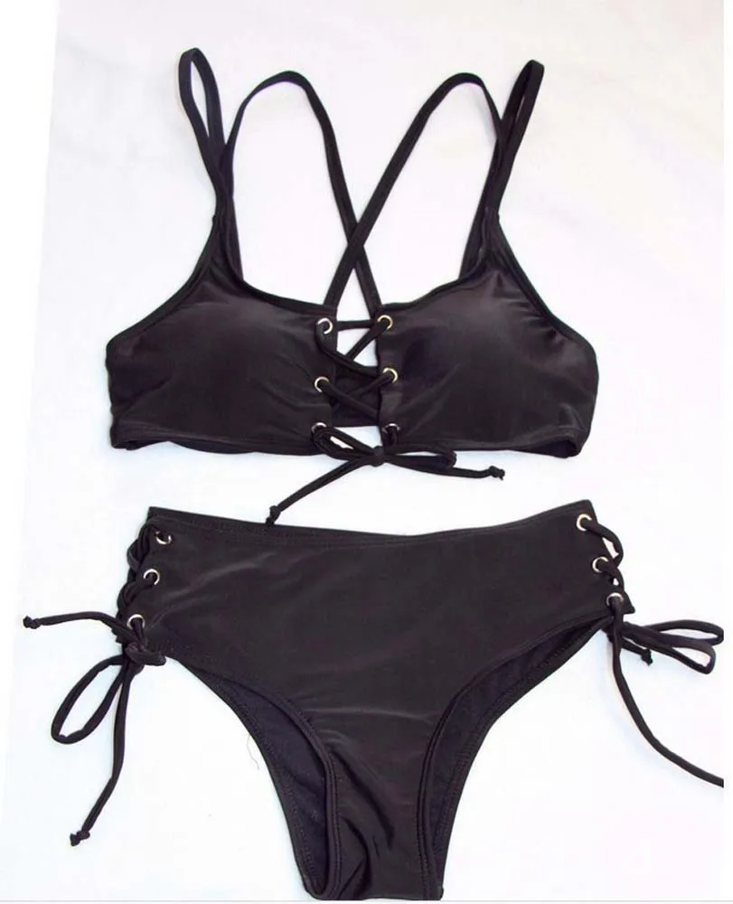 2017 Sexy Bikini Set solid Black with Rope Bangdage Push Up Swimsuit