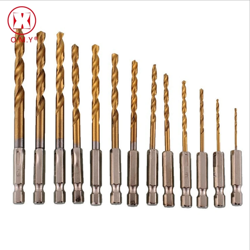 O.M.Y HSS Drill Bits 13pc 1.5 6.5mm Hexagonal Shank 1/4" 6.5mm Titanium