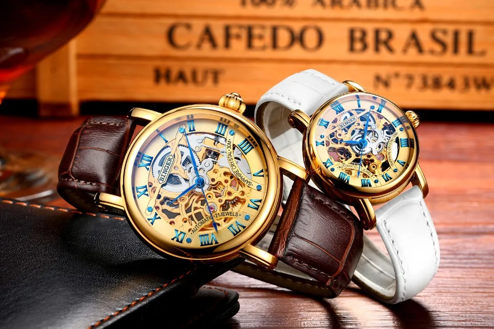 BINGER Luxury Gold Automatic Watches Skeleton Fashion Business Watch Men Mechanical Wristwatch Full Steel relogio masculino