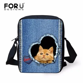

FORUDESIGNS Denim Cat Women Small Messenger Bag Girl Cross-body Mini Female Bag Casual Carry on Bag Lightweight Carry on Bag