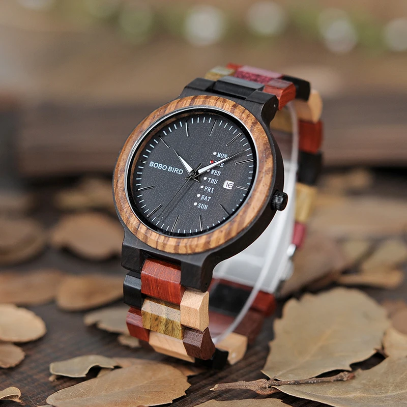 BOBO BIRD WP14-1 модные часы для мужчин и женщин с разноцветным деревянным ремешком, с отображением для недели и даты, роскошные кварцевые часы унисекс, подарок