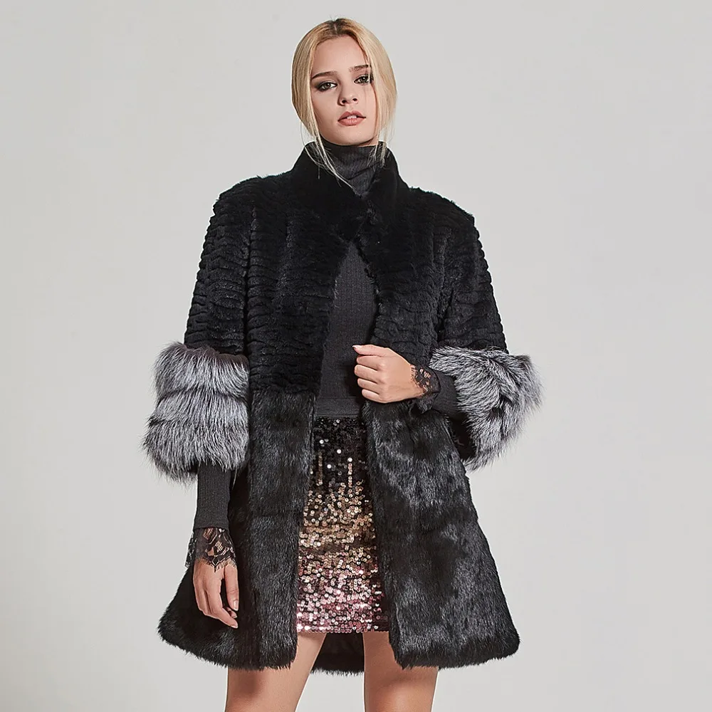 

Fur Story Women's Real Fur Coat Rabbit Fur Jacket with Fox Fur Cuff Winter Thick Warm Overcoat 17160