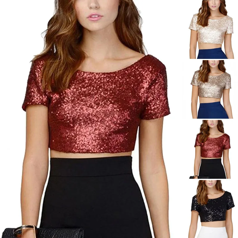 

Women Sequins Crop Tops T-Shirt Summer Short Sleeve Tee Shinny Tops NYZ Shop