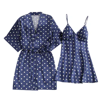 

2pcs Women Sexy Satin Sleepwear women dot print sleepwear Pajamas Sexy Underwear V-Collar Robe Lingerie Sling Nightgown a0404