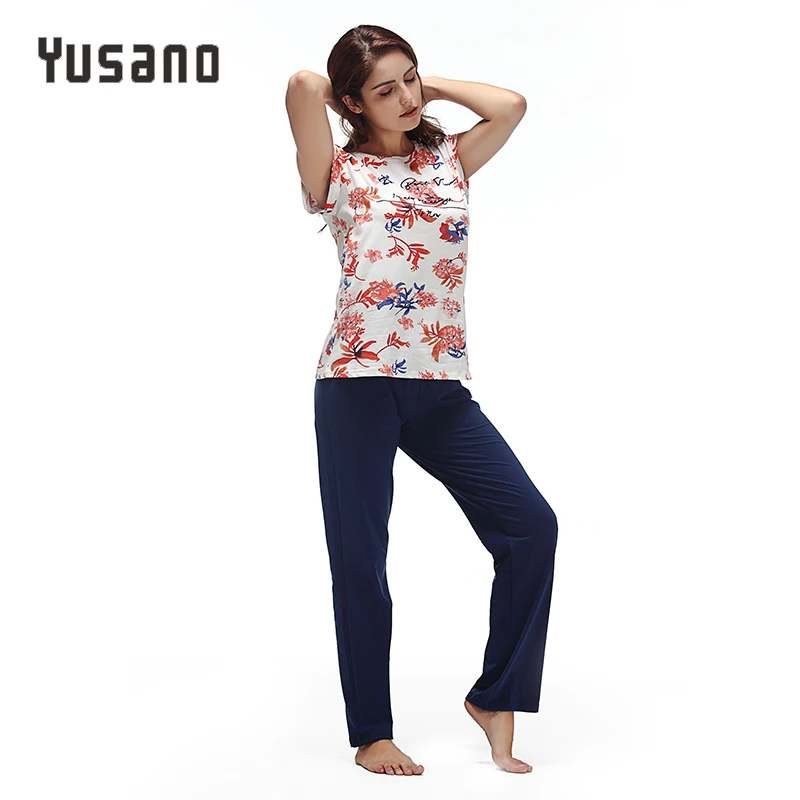 Yusano Cotton Pajamas Women Floral O neck Sleepwear for Girl Sleeveless Top& Long Pants Soft Pijama Feminino Inverno