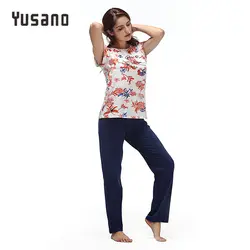 Yusano Cotton Pajamas Women Floral O neck Sleepwear for Girl Sleeveless Top & Long Pants Soft Pijama Feminino Inverno 2017