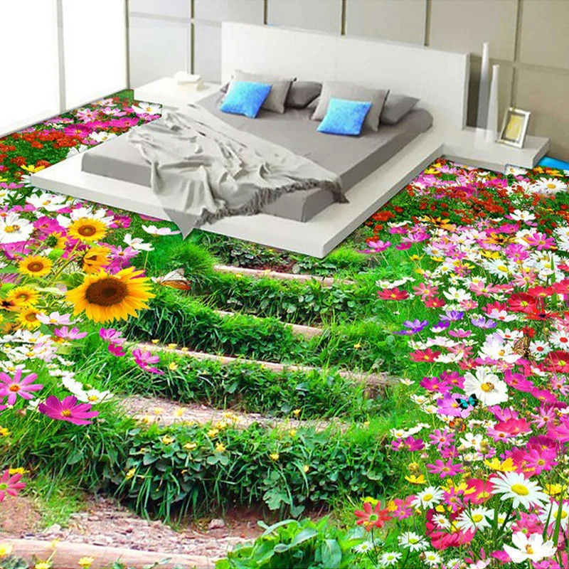 Pastoral Wall Mural Custom Floor Wallpaper 3D Flower And Grass Photo Wall Paper For Bedroom Vinyl Wear Self-adhesive Papel Tapiz