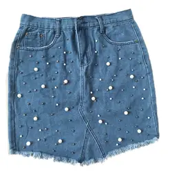 Недавно для женщин жемчуг бисер джинсы для джинсовая юбка ассиметричный, с высокой талией карман Кнопка повседневное Лето Мини юбки
