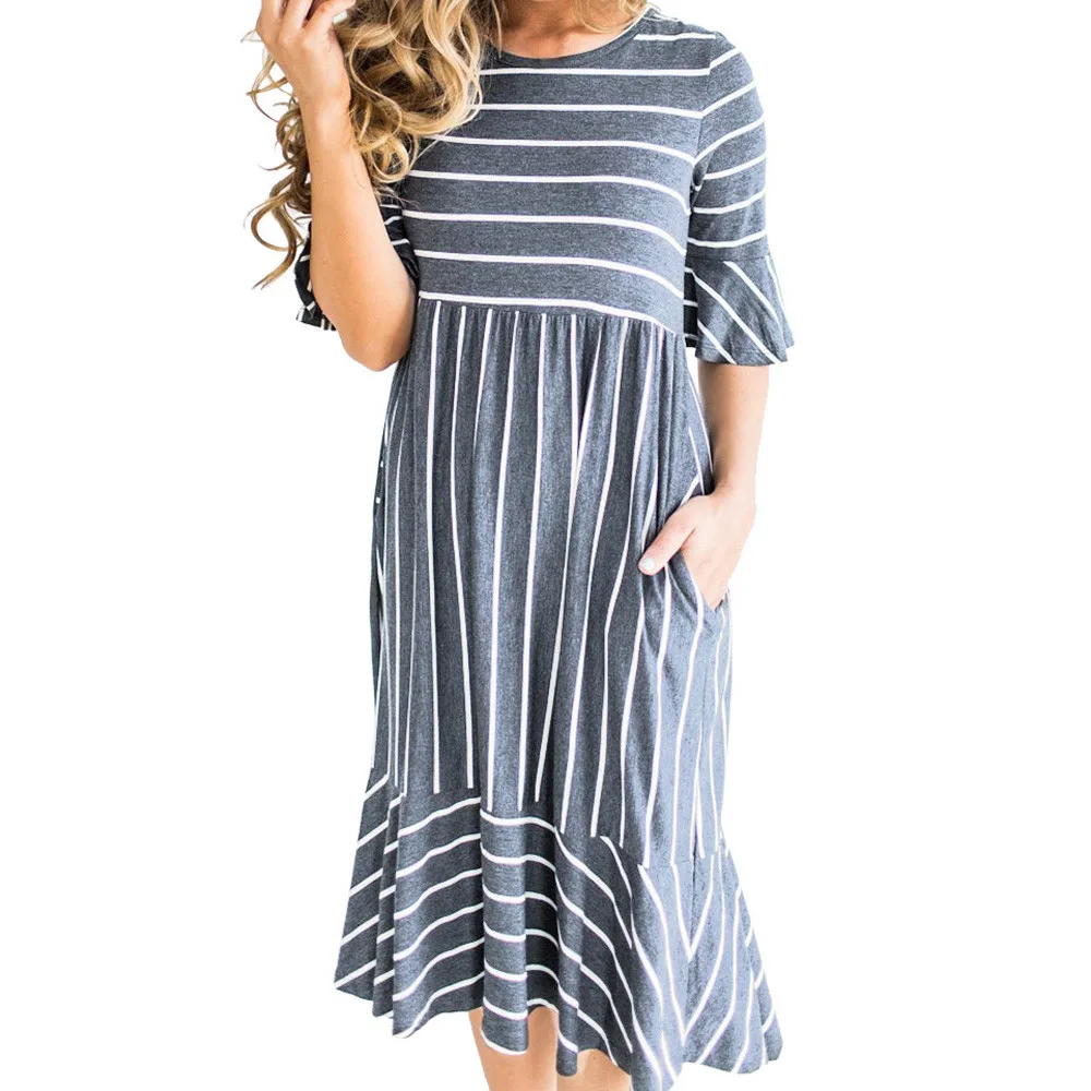USPS summer dress 2018 plus size Polyester Women's Striated Print Pocket Short Sleeve Summer 