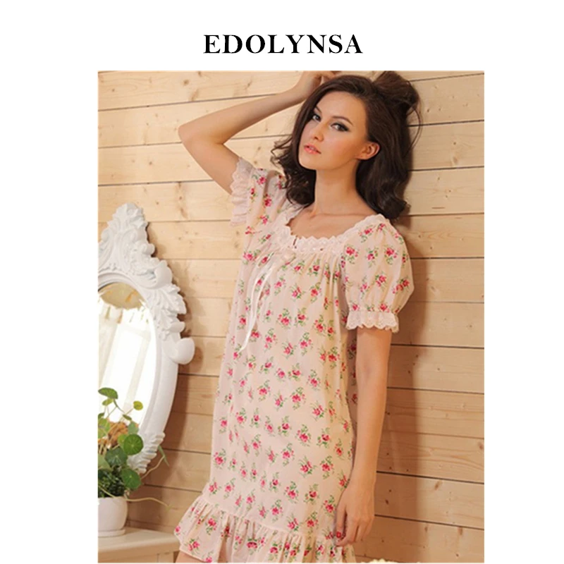 

2019 Brand Sleep Lounge Women Sleepwear Cotton Floral Print Nightgowns Sexy Home Dress White Nightdress Plus Size #P6