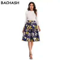 Bachash Bloemen flamingo Print Rokken Zomer Vrouwen Hoge Taille Vintage Rok 2018 Elegante Retro Casual Knielange A-lijn Rok