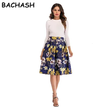 

Bachash Floral flamingo Print Skirts Summer Women High Waist Vintage Skirt 2018 Elegant Retro Casual Knee-Length A-Line Skirt