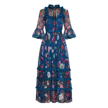 

New Lace Patchwork Women Print Long Dress Fashion Cascading Ruffle Lace Trim Dresses E5233