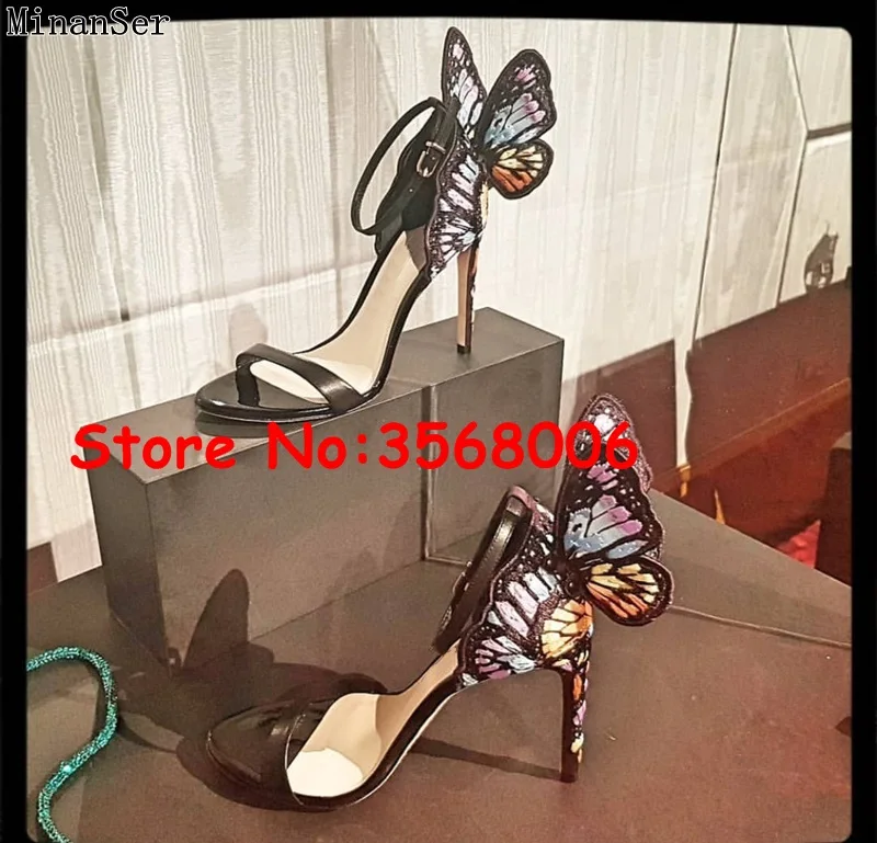 Wholesale amazing multi-color 3D butterfly open toe thin heels sandals wedding party bridal shoes sexy ankle wrap stiletto heels