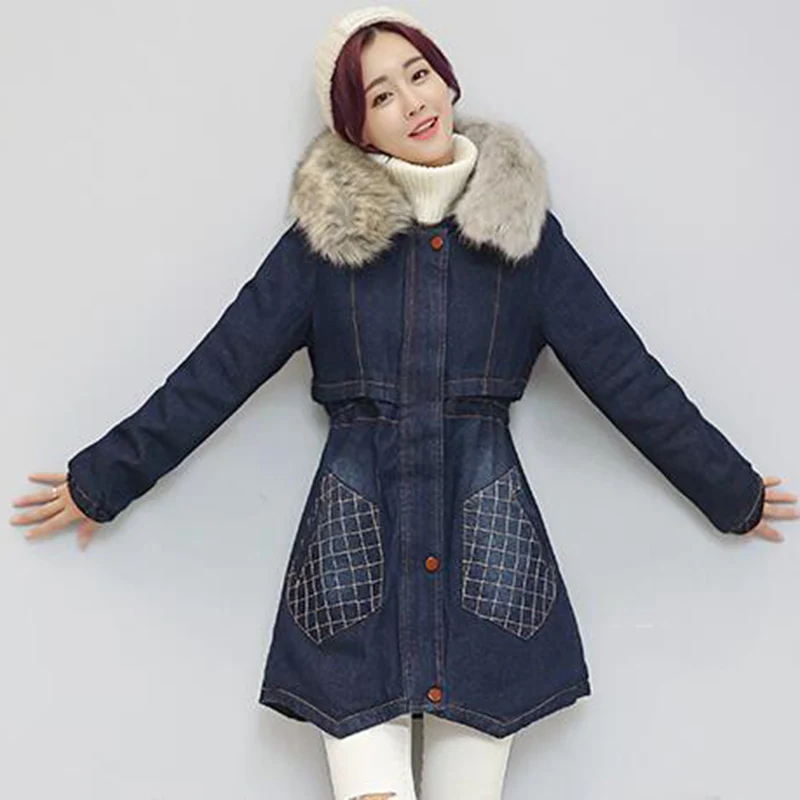 Зимняя горячая Распродажа, новое плотное джинсовое пальто средней длины, свободная хлопковая куртка, Женская куртка с капюшоном и меховым воротником DD066