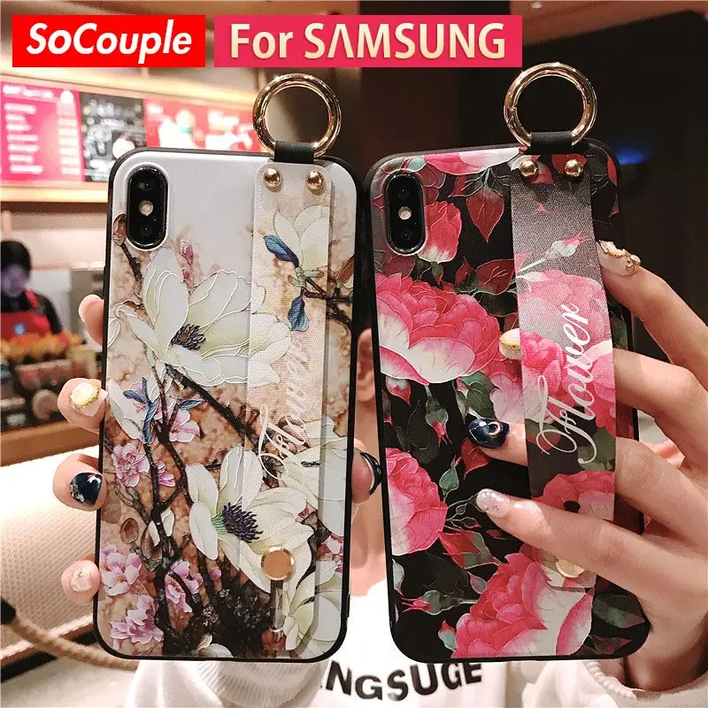 

SoCouple For Samsung Galaxy S8 S9 S10 plus S10e Note 9 8 A70 A60 A40 A50 A30 A10 Flower Soft TPU Wrist Strap Phone Holder Case