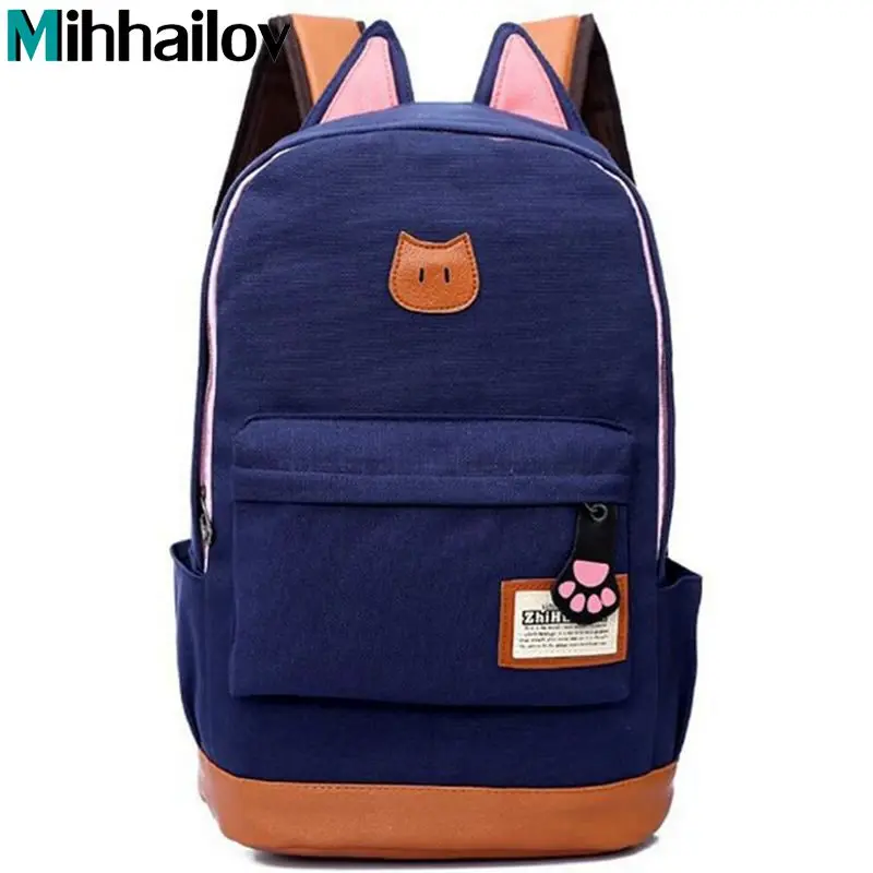 2017 New Women Cartoon Cat Ear Shoulder Bag Backpack Schoolbag Men Canvas Backpacks Travel Bags for