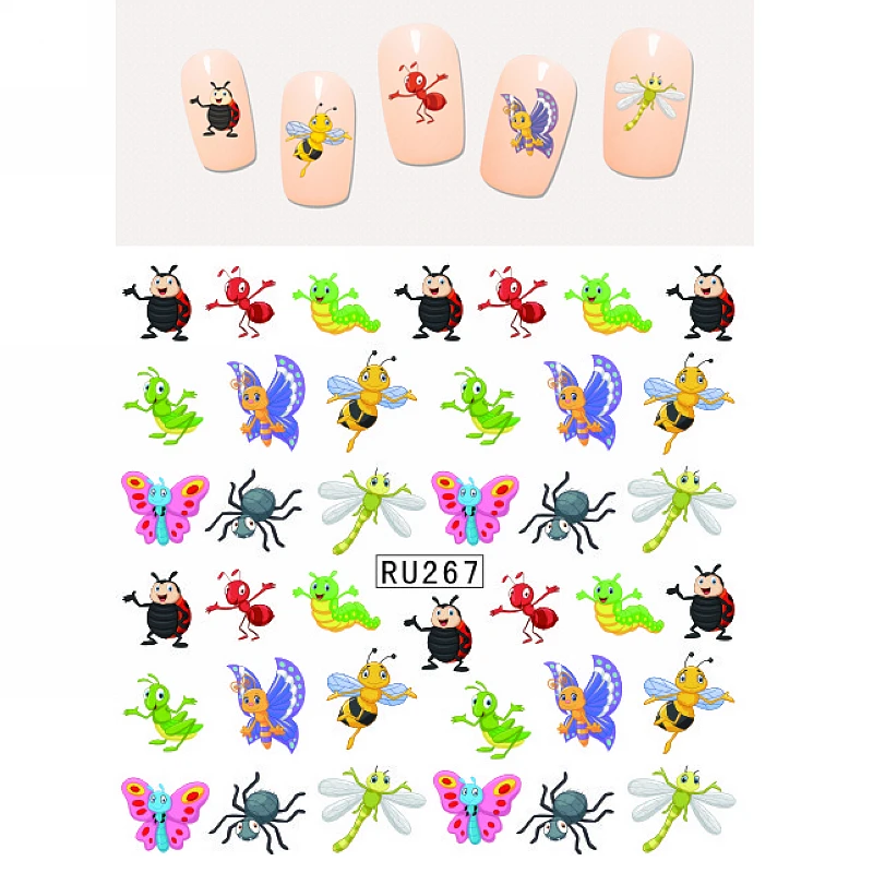 UPRETTEGO искусство ногтей Красота вода наклейка слайдер наклейки для ногтей мультфильм милые насекомые бабочка жуки муха червь RU265-270