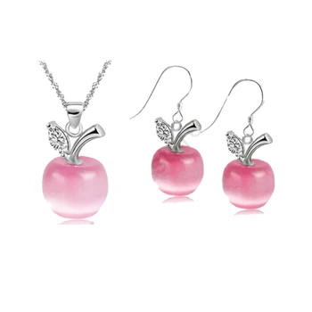 

Fast Free Shipping Genuine Pure S925 Sterling Silver Red Apple Cat'S Eye Stone CZ Necklace Pendant Earrings Jewelry Sets