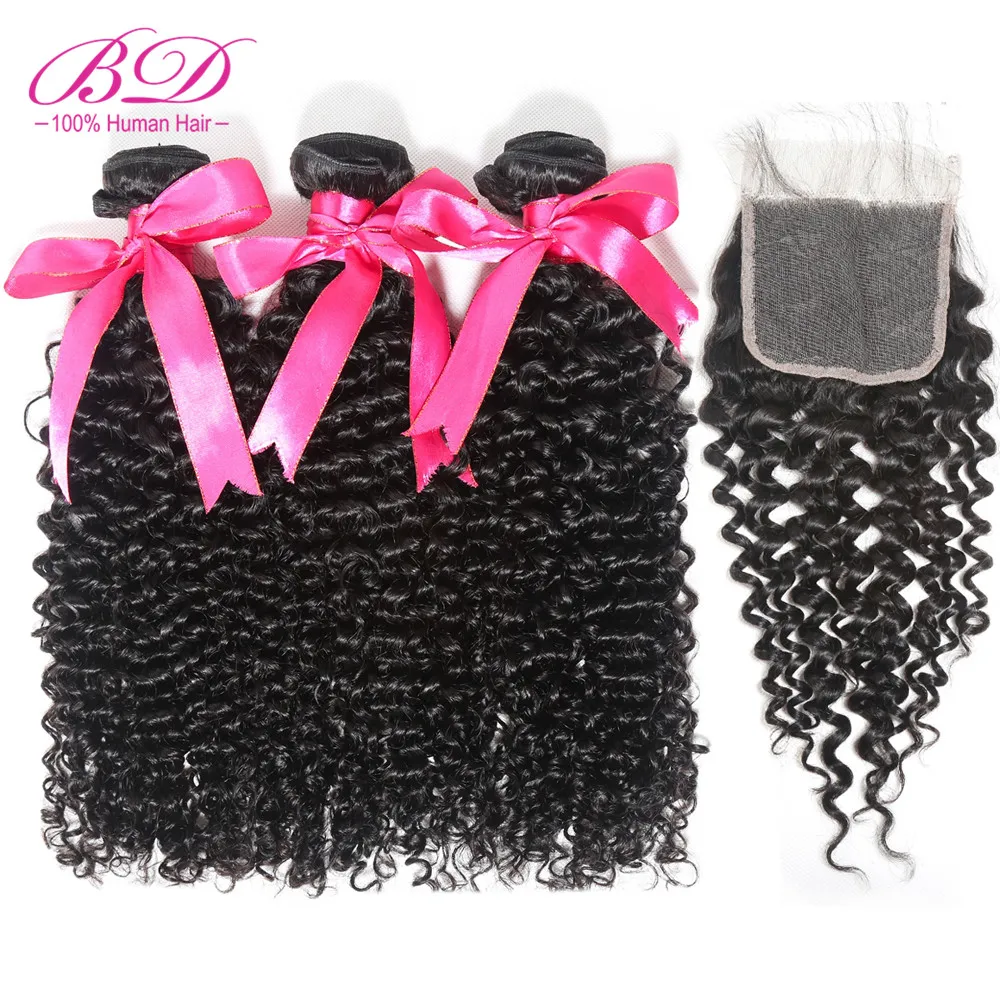 

Peruvian Curly Weave Human Hair Bundles with Lace Closure 4pcs/lot Remy Hair Extensions Natural Color Free Shipping BD HAIR