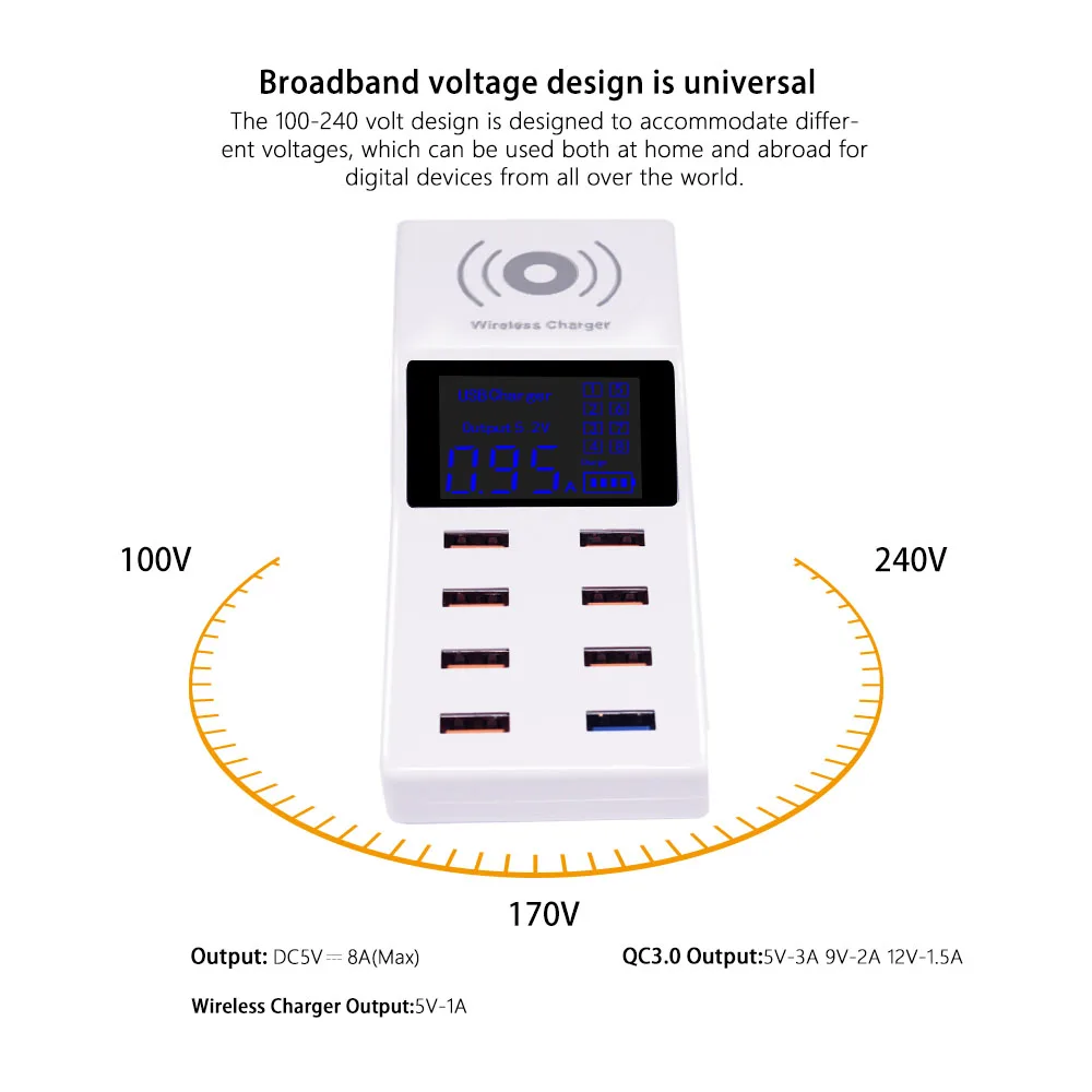 8-Порты и разъёмы ЖК-дисплей USB Мощность адаптер Зарядное устройство станция Беспроводной Зарядное устройство для iPhone iPad и многое другое USB Devies с Мощность шнур