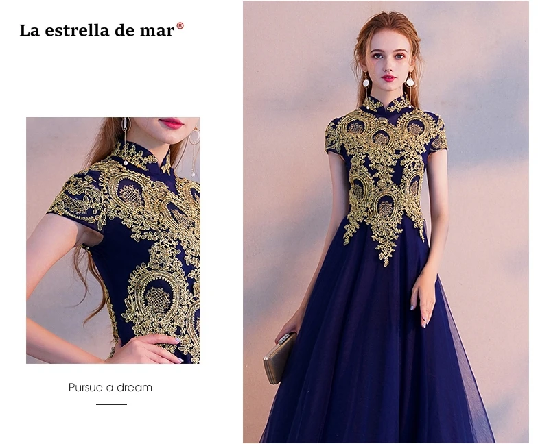 Vestido длинное платье для матери невесты Высокая шея Тюль Аппликация Золото Королевский синий цвет платья подружки невесты цвета шампань Красивая Свадебная вечеринка