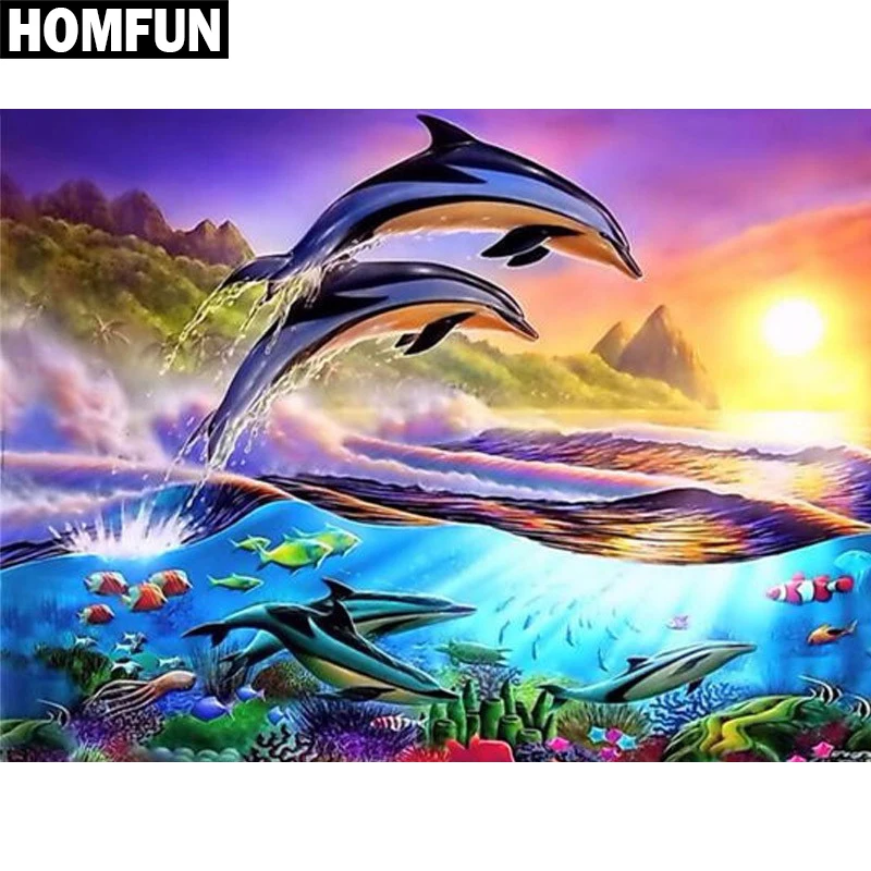 Алмазная 5D Вышивка HOMFUN A00361 дельфины океана картина из квадратных/круглых страз