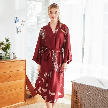 

M-XXL New Summer Kimono Robe Bathrobe Women's Rayon Bath Gown Yukata Printing Nightgown Sleepshirts Nightdress Pijama Mujer