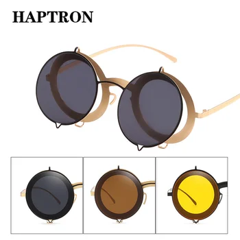 

HAPTRON Steampunk Round Sunglasses Women Men Luxury Brand Vintage Retro Gothic Shades Sun glasses Pink Yellow oculos de sol