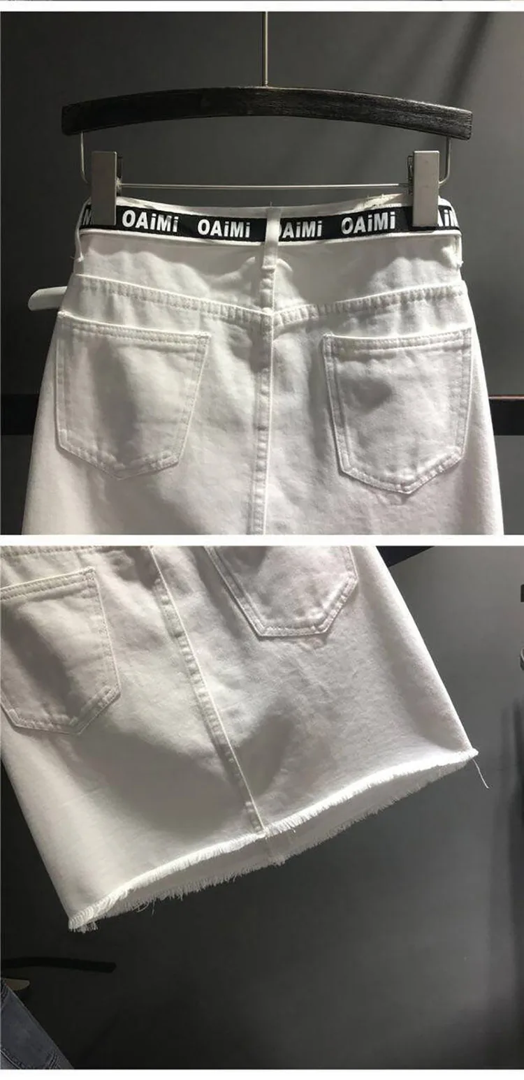 Летние белые джинсовые юбки для женщин Элегантные Высокая талия спереди отверстие с буквенным принтом мини юбка хип посылка джинсовая короткая юбка Faldas Mujer