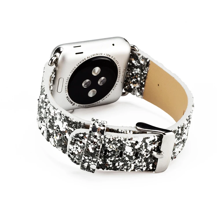 Рождество с блестками Мощность Кожа Bling наручных часов iWatch, ремешок для наручных часов Ремешок для наручных часов Apple Watch Series 5/4/3/2/1 38 мм 40 мм 42 44 мм