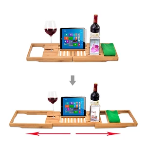 Выдвижной бамбуковый поднос для Ванной Caddy, поднос для ванной, деревянные стойки для ванной комнаты, регулируемый деревянный поднос для ванной/мост/полка, Органайзер - изображение
