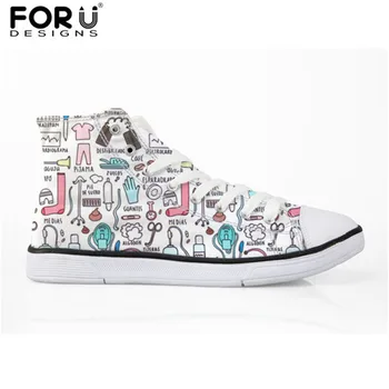 

FORUDESIGNS Women Cartoon Nurse Print Vulcanized Shoes Girls Classic High Top Women Canvas Casual Nurse Shoes Ladies Sneakers