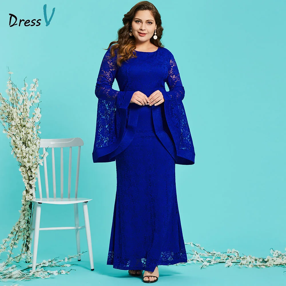 Dressv royal blue round neck plus size evening dress elegant mermaid long sleeves lace wedding party formal dress evening dress Dressv royal blue round neck plus size evening dress elegant mermaid long sleeves lace wedding party formal dress evening dress