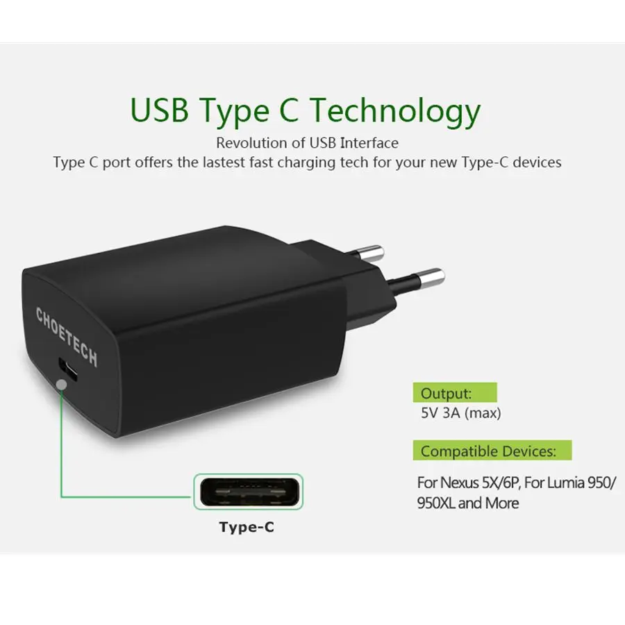 CHOETECH USB نوع C شاحن 15 W 5 V/3A الولايات المتحدة/المملكة المتحدة/الاتحاد الأوروبي التوصيل USB C السفر جدار شاحن سامسونج S8 ل Xiaomi الهاتف المحمول و أقراص