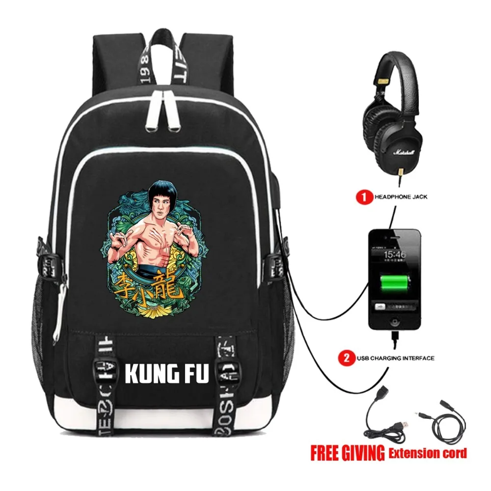 

multifunction USB charging Headphone jack Rucksacks Teenagers Shoulder Bag Chinese Kung Fu Bruce Lee Backpack Children Schoolbag