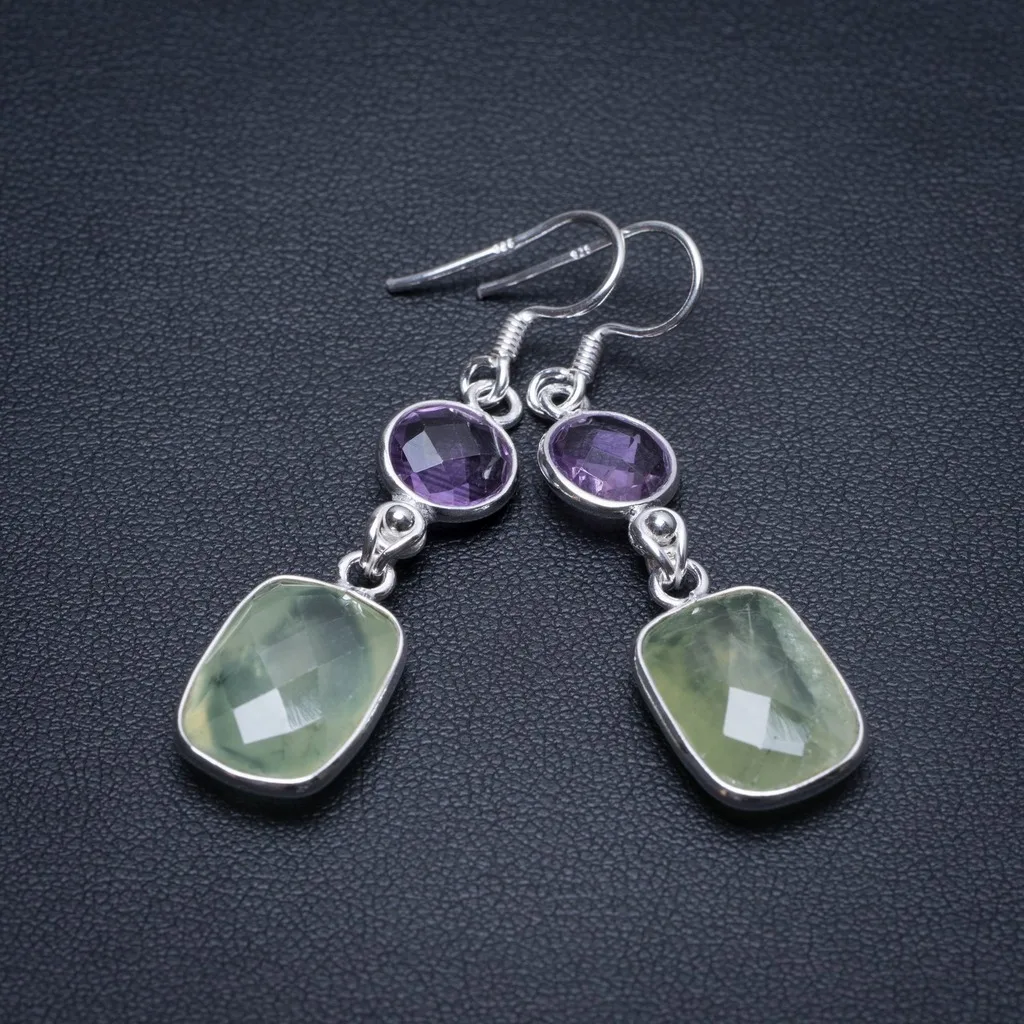 

Natural Prehnite and Amethyst Handmade Indian 925 Sterling Silver Earrings 2" S1597